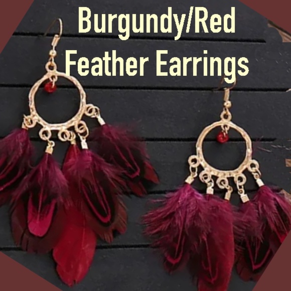 Boho Style Rice Beads Feather Earrings In Burgundy and Red Color - NWT - Picture 1 of 5